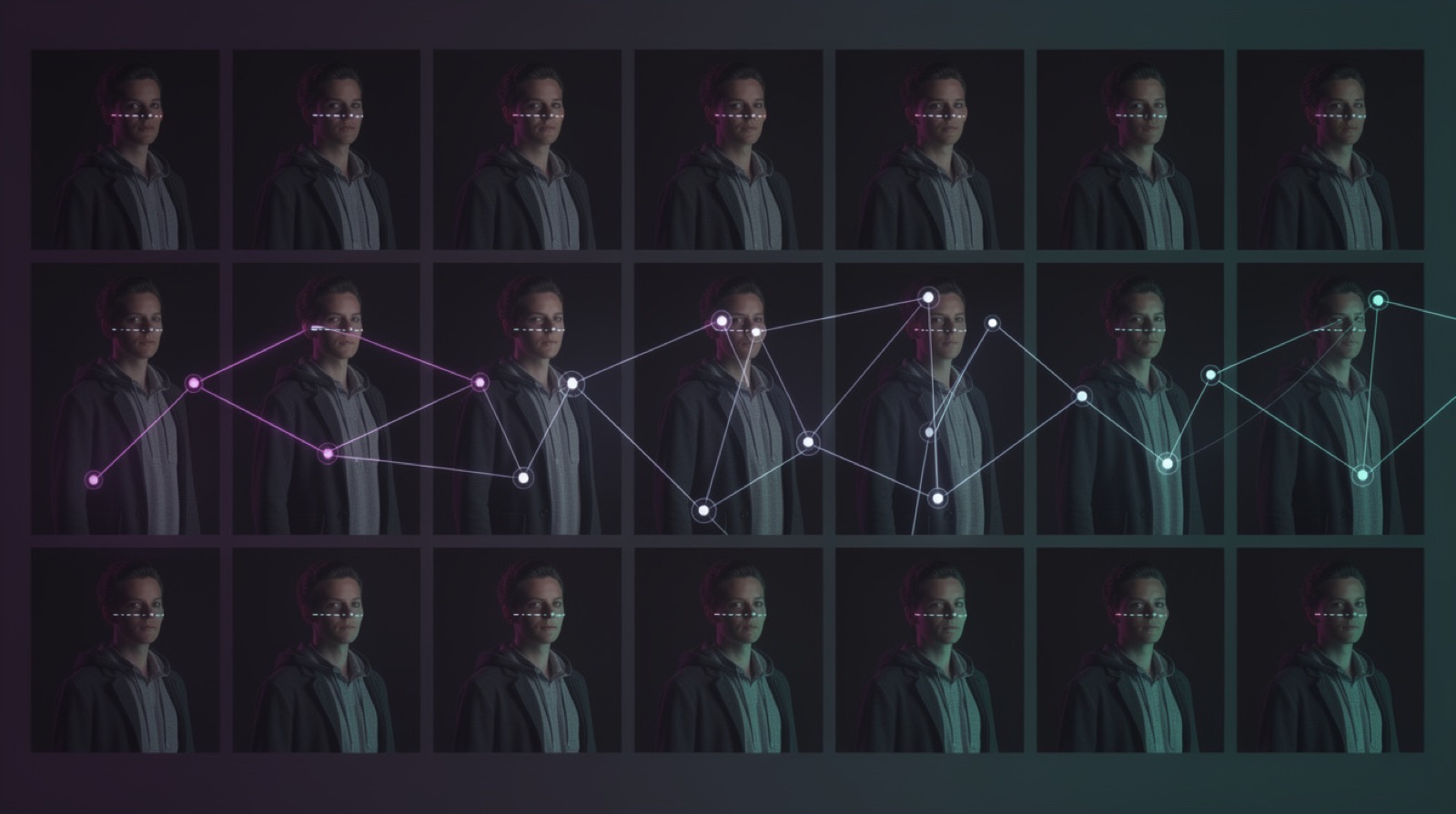 The same character and look held consistently across a row of cinematic frames.