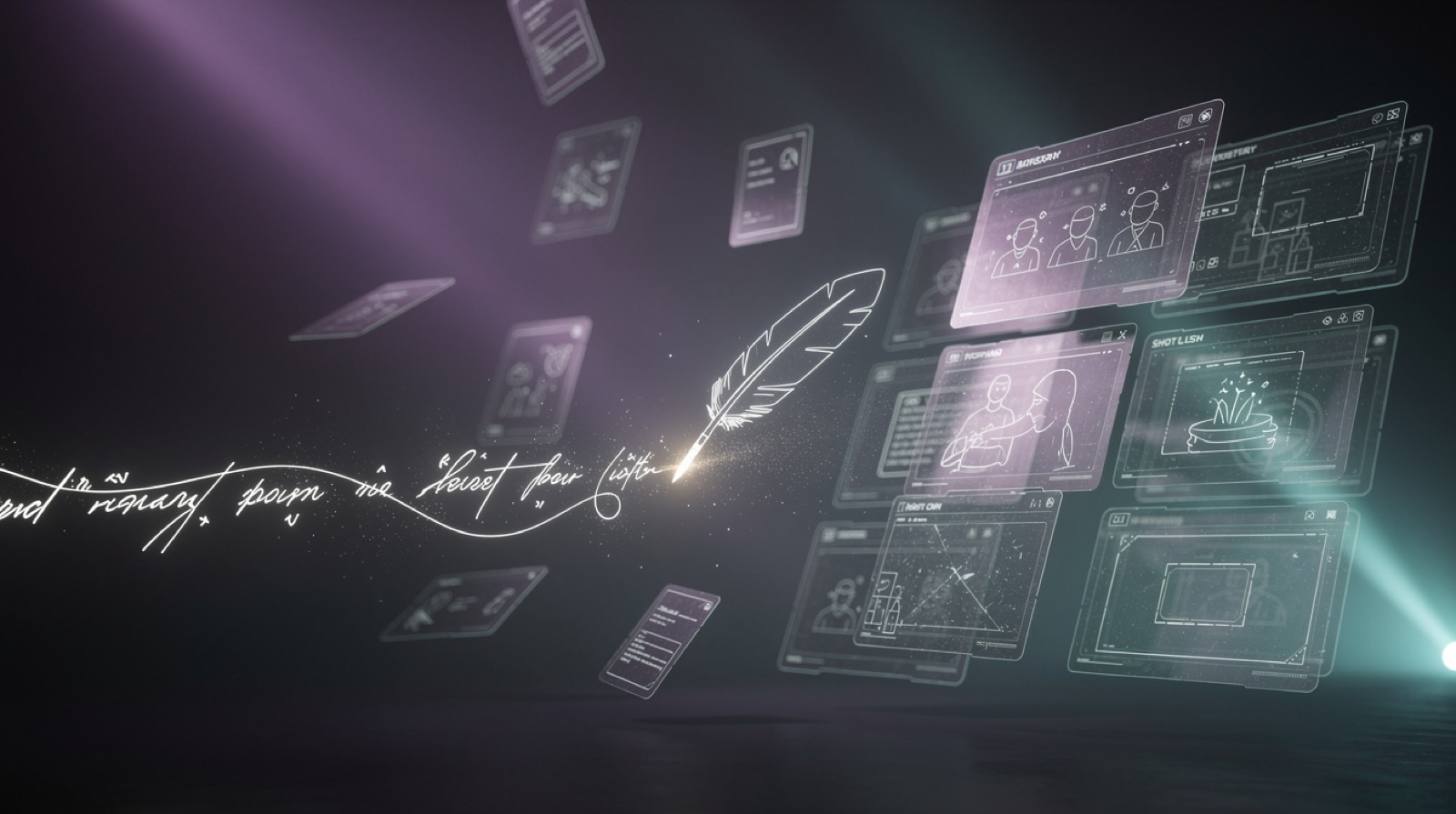 A written brief transforming into a holographic story bible and shot list.
