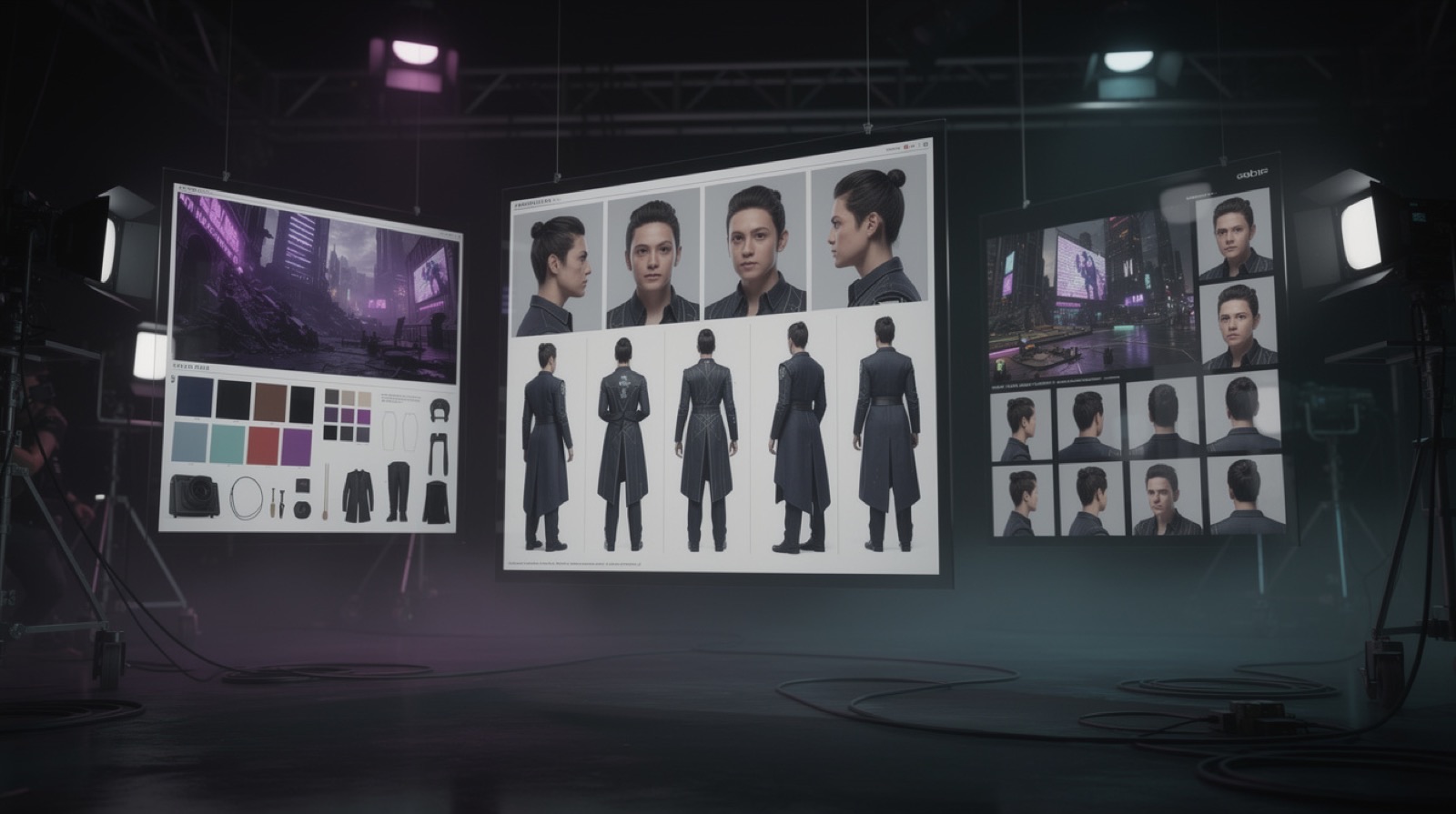 Character reference sheets and scene establishing frames floating in a dark studio.