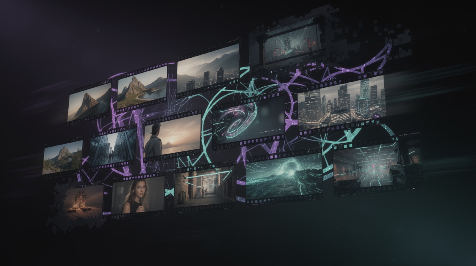 A grid of cinematic clips being generated and chained frame-to-frame.