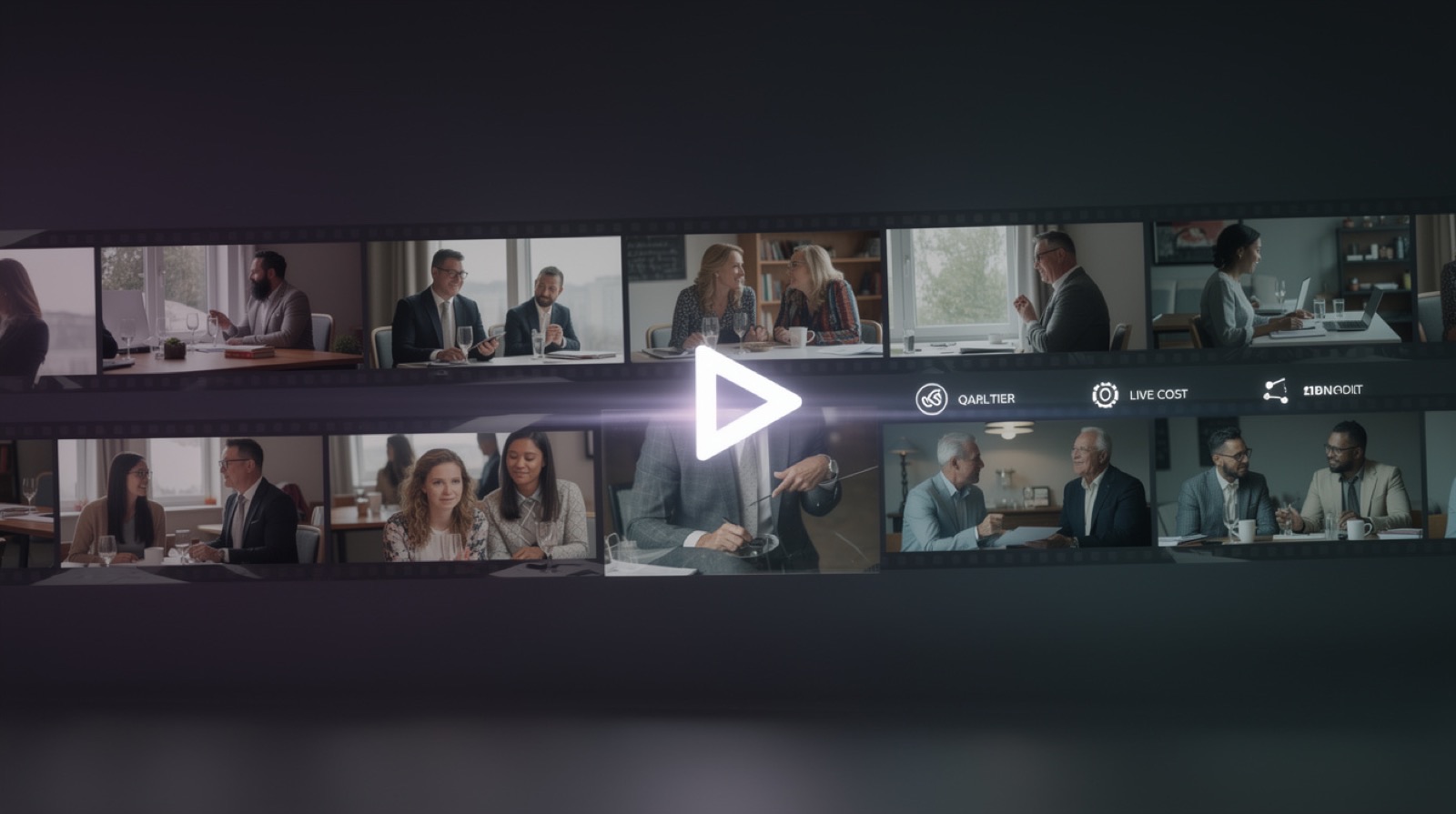 Film clips stitching into a single finished cut with a glowing play button.